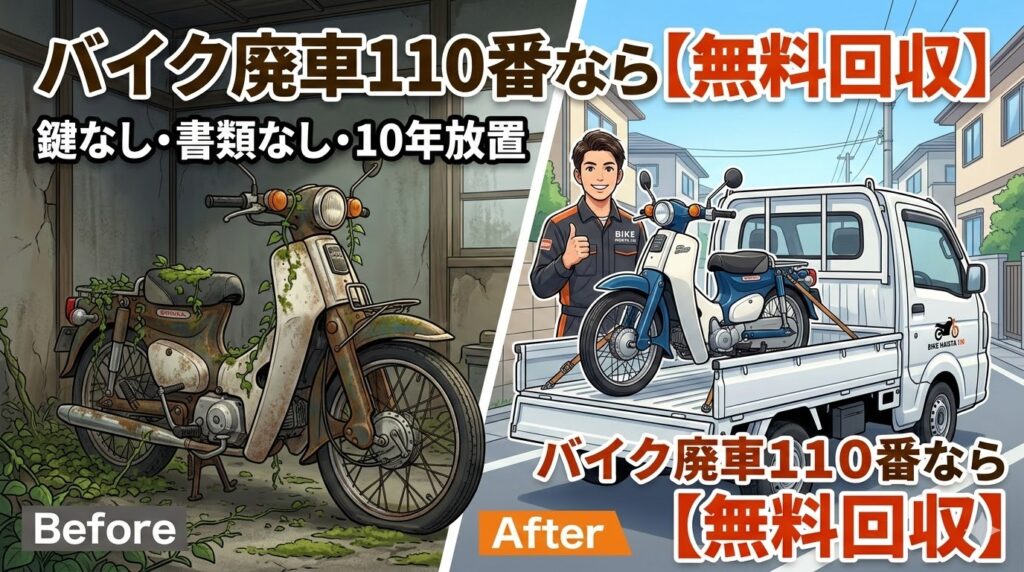 10年放置されサビたバイクと、バイク廃車110番のトラックで無料回収される様子のBefore/After比較画像。「鍵なし・書類なし・10年放置でも無料回収」の文字入り。