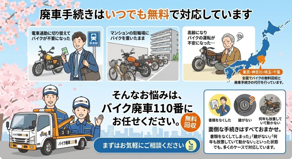 バイク廃車110番の無料回収サービス紹介。電車通勤への切り替えや放置バイク、高齢での運転不安などのお悩みに対応し、書類紛失や鍵なし車両も無料で手続き代行することを伝えるバナー。
