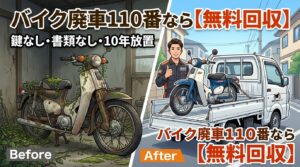 10年放置されサビたバイクと、バイク廃車110番のトラックで無料回収される様子のBefore/After比較画像。「鍵なし・書類なし・10年放置でも無料回収」の文字入り。