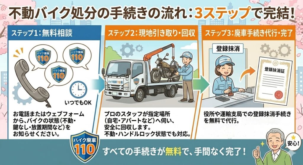 バイク廃車110番の不動バイク処分の手続きの流れを3ステップで解説した図解。ステップ1:電話やウェブでの無料相談、ステップ2:プロのスタッフによる現地引き取り・回収、ステップ3:役所や運輸支局での廃車手続き代行と完了報告。すべての手続きが無料で手間なく完了することを伝える画像。