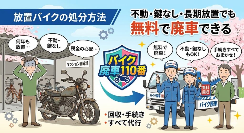 『バイク廃車110番』による放置バイク処分サービスの案内インフォグラフィック。悩む男性とサビた放置バイクから、笑顔のスタッフと無料回収トラックによる解決までの流れを描く。『不動・鍵なし・長期放置でも無料で廃車できる』『回収・手続きすべて代行』をアピール。
