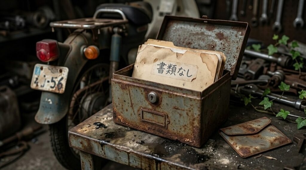 10年放置され錆びたバイクの隣にある、古びた金属製の書類箱(ファイルボックス)のクローズアップ。箱の中には色あせたマニラフォルダーが1枚だけ入っており、手書きで「書類なし」と書かれている。