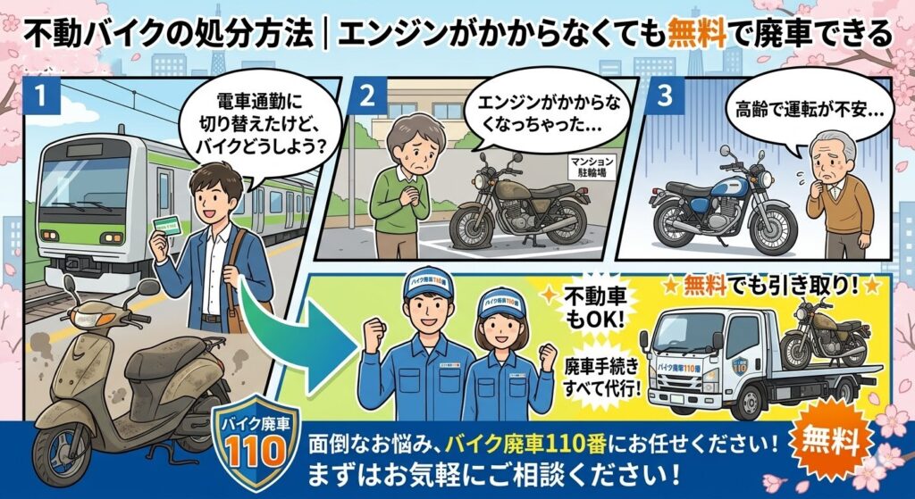 不動バイクの処分方法を解説する『バイク廃車110番』のアイキャッチ。電車通勤への切り替え、エンジンがかからない放置車両、高齢による運転不安などの悩みを、無料回収と廃車手続き代行で解決する流れをイラストで紹介。