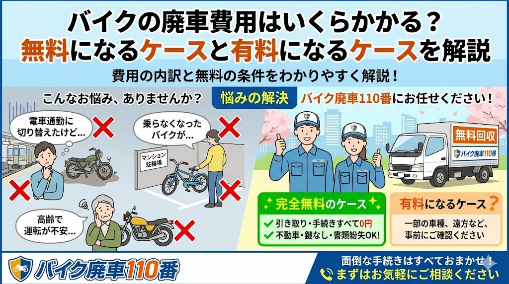 バイクの廃車費用に関する解説画像。「バイク廃車110番」のサービスを紹介し、引き取り・手続きすべて0円の「完全無料のケース(不動車、鍵なし、書類紛失OK)」と、一部車種などで「有料になるケース」の違いと条件を説明。電車通勤への切り替えや高齢での運転不安など、放置バイクの悩みを解決する提案をしているアイキャッチ画像。