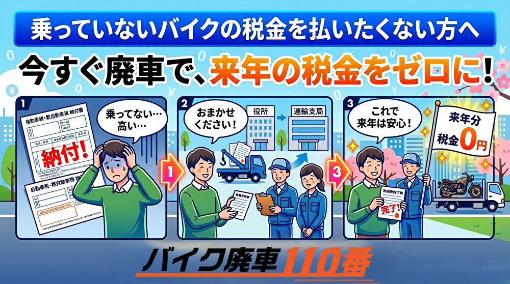「乗っていないバイクの税金を払いたくない方へ 今すぐ廃車で、来年の税金をゼロに!」という見出しのアイキャッチ画像。3ステップの図解で、1.高額な税金通知に悩む男性、2.「バイク廃車110番」のスタッフが役所の手続きを代行する様子、3.手続き完了で来年の税金が0円になり喜ぶ男性の姿が描かれている。